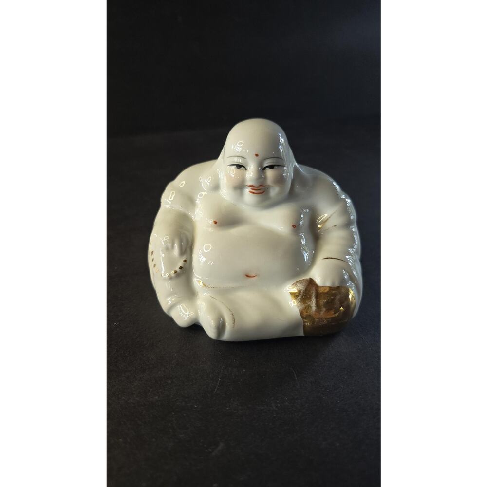 Vintage White Ceramic Laughing Buddha Figurine Gold Accents Buddhist Sitting